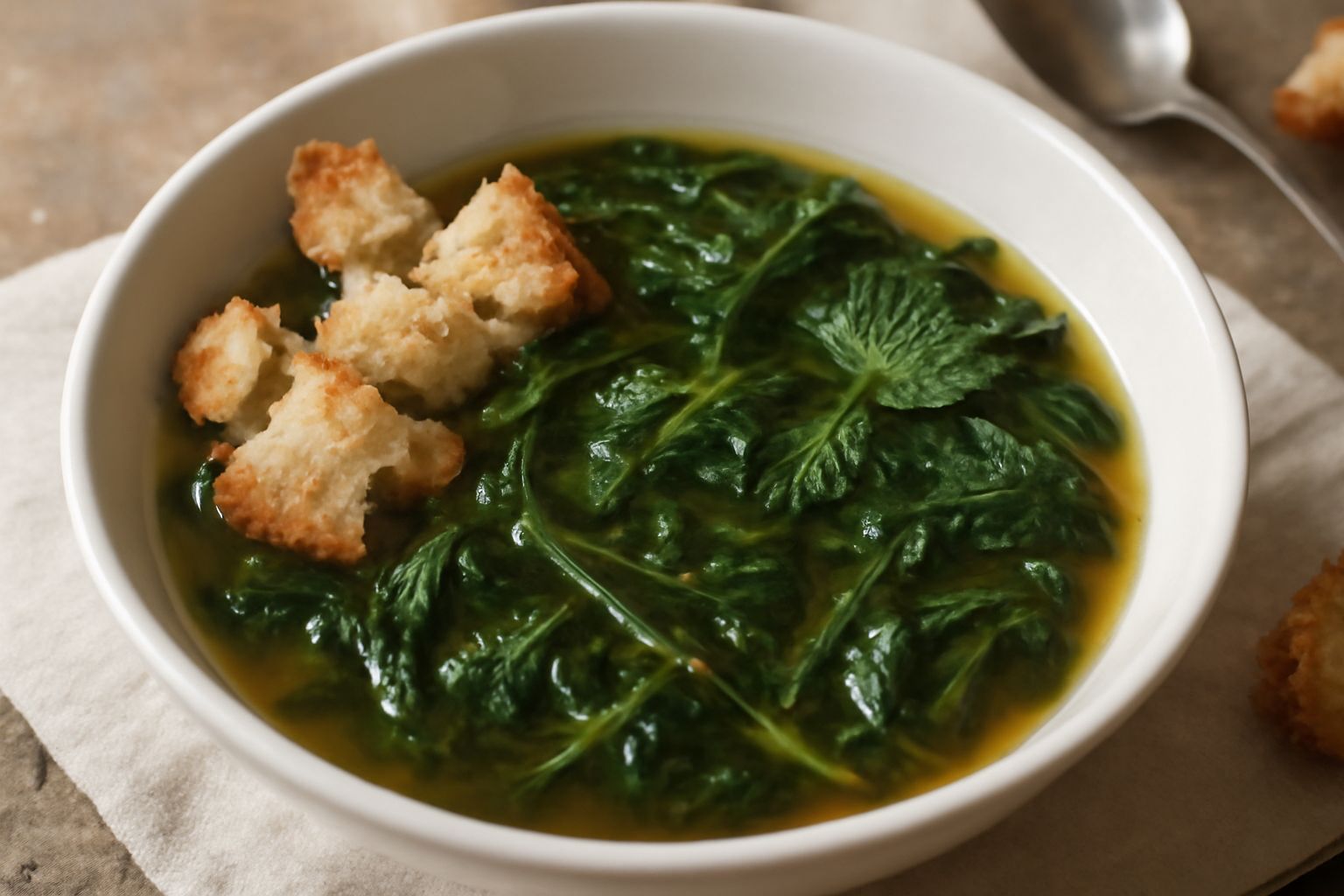 Zuppa di erbette selvatiche in una ciotola bianca, con cicoria verde scuro e foglie di ortica galleggianti nel brodo chiaro, guarnita con fette di pane tostato ai bordi