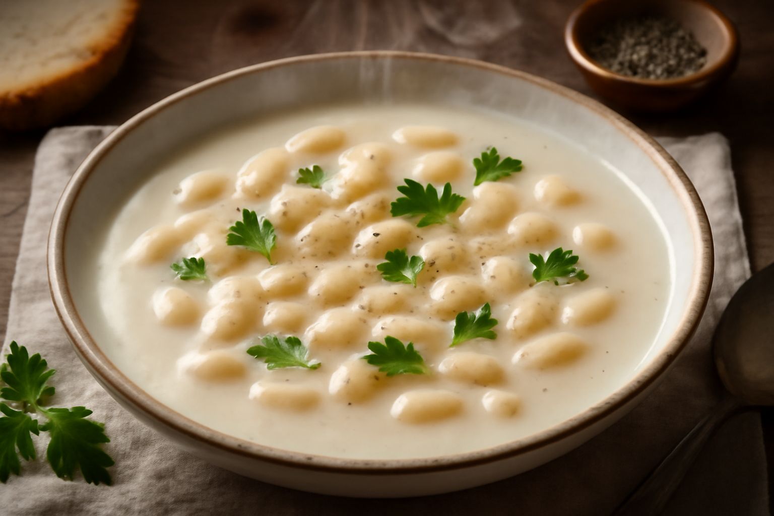 Una ciotola di zuppa di fagioli bianchi cremosa con fagioli visibili in superficie, condita con olio d'oliva, pepe nero e prezzemolo fresco, servita in un piatto fondo bianco su una tela rustica