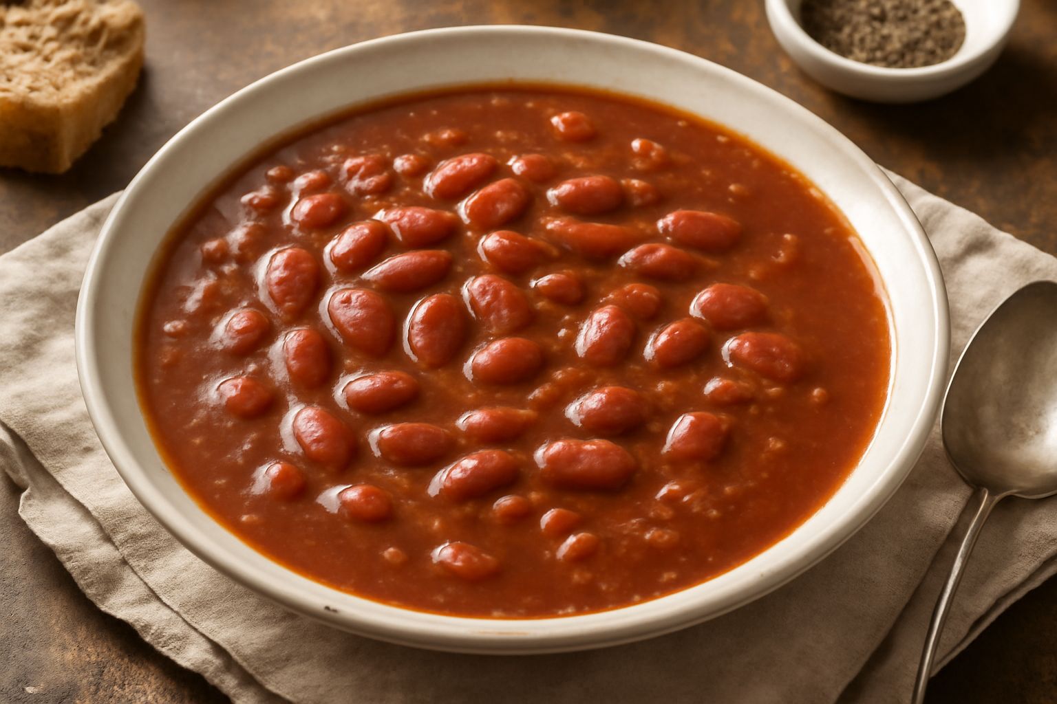 Una ciotola bianca ricolma di zuppa di fagioli borlotti cremosa, con fagioli rossi e bianchi visibili in brodo scuro, condita con olio d'oliva e filo di pepe nero, su tavolo di legno chiaro