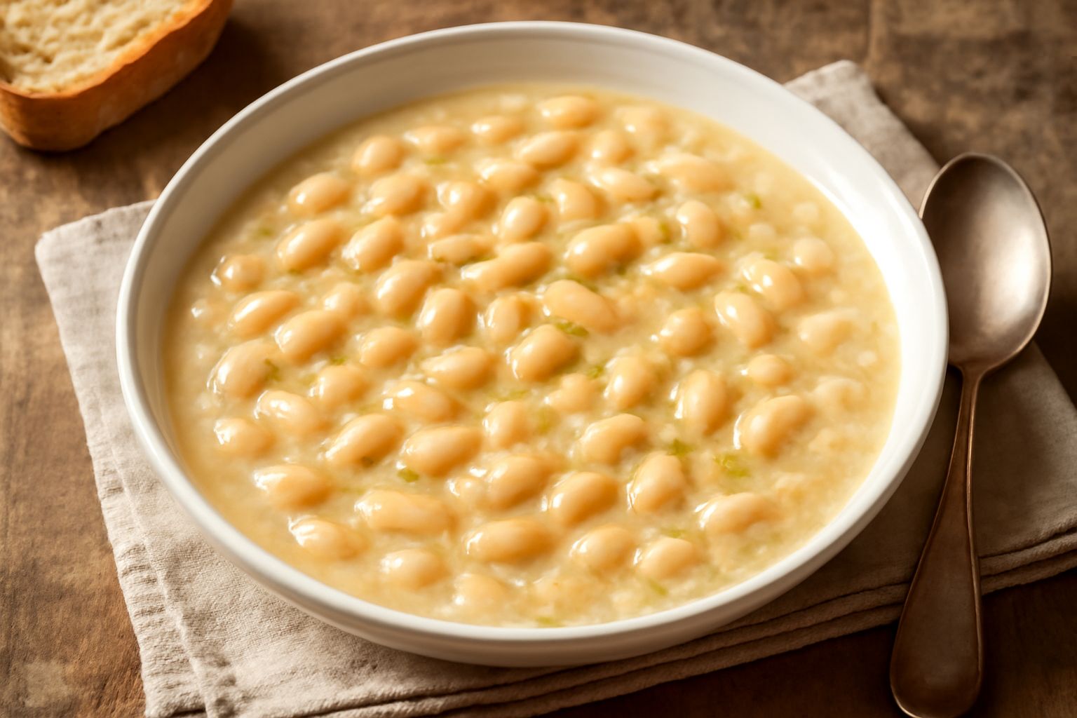 Ciotola di zuppa di fagioli cannellini color beige con fagioli interi e sfaldati, brodo cremoso, foglia di prezzemolo fresco e filo di olio dorato in superficie