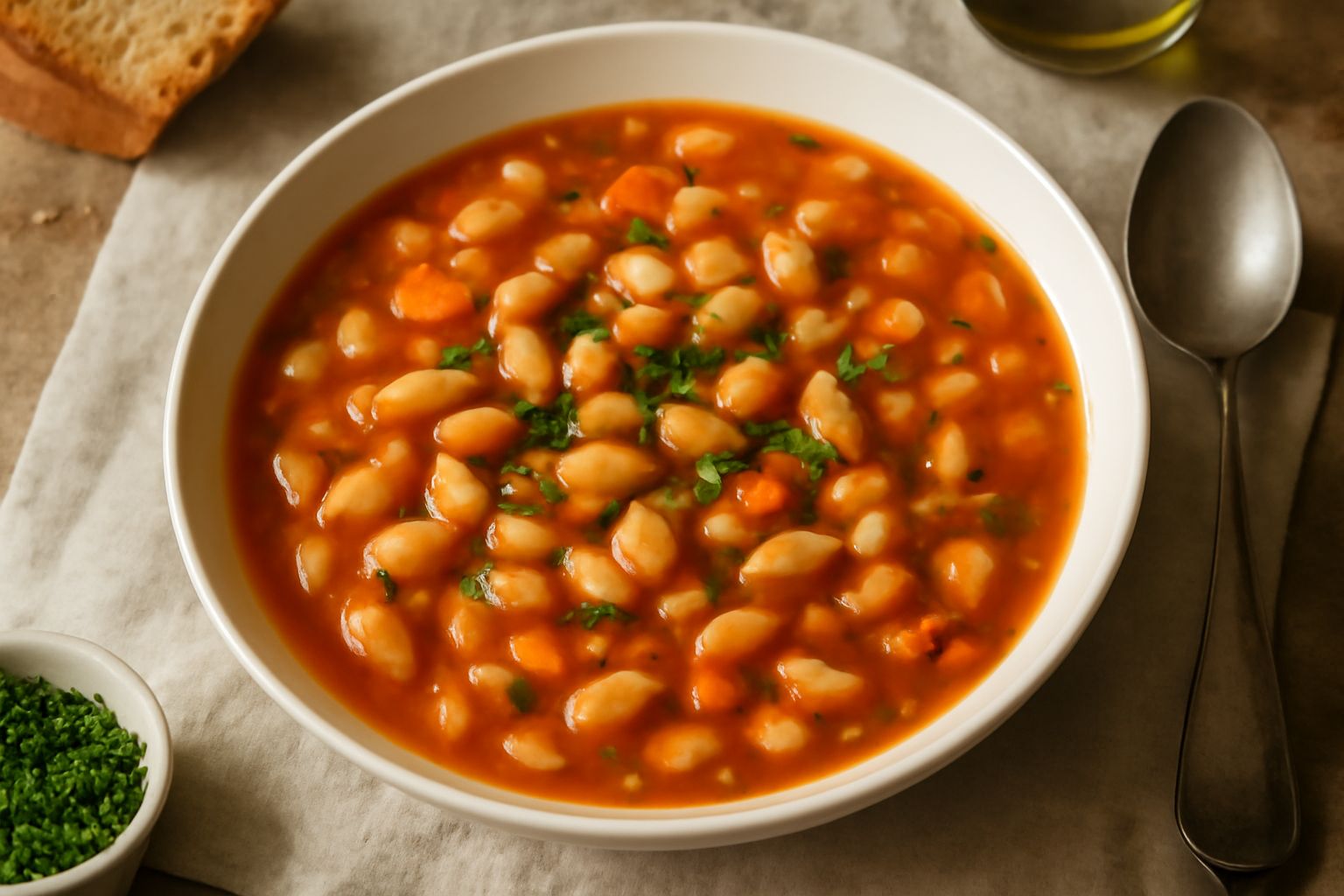 Zuppa di fagioli in ciotola bianca con fagioli rossi e bianchi visibili, olio di oliva, pane tostato accanto e cucchiaio di legno, su tavolo grigio