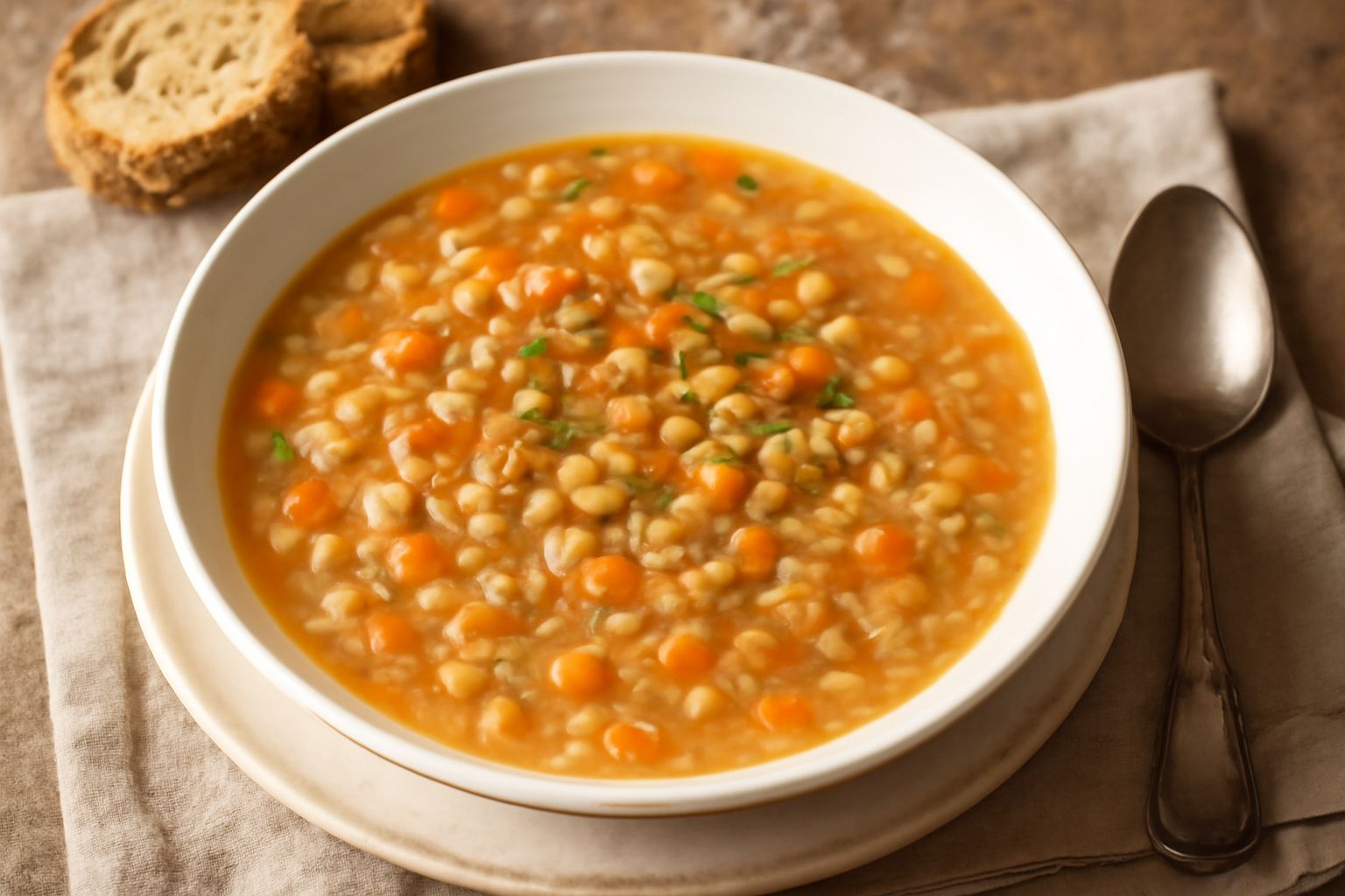 Zuppa di farro in una ciotola bianca, con chicchi di farro visibili, verdure tagliate fine, brodo caldo ambrato, con basilico fresco e filo di olio di oliva in superficie.