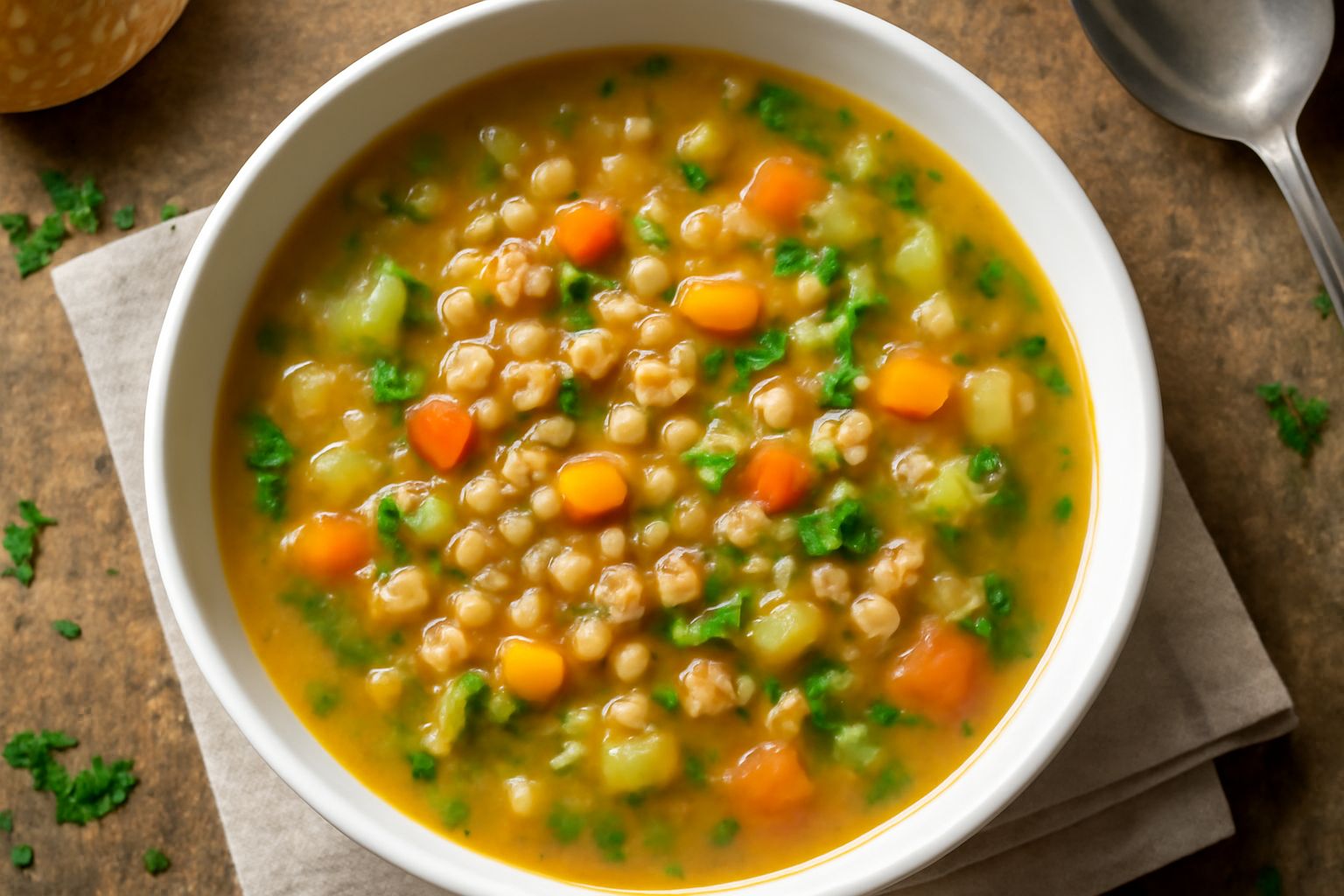 Zuppa di farro fumante in ciotola bianca, con chicchi di farro visibili, carote tagliate a dadini arancioni, zucchina verde, sedano e prezzemolo fresco in superficie, brodo trasparente color nocciola,