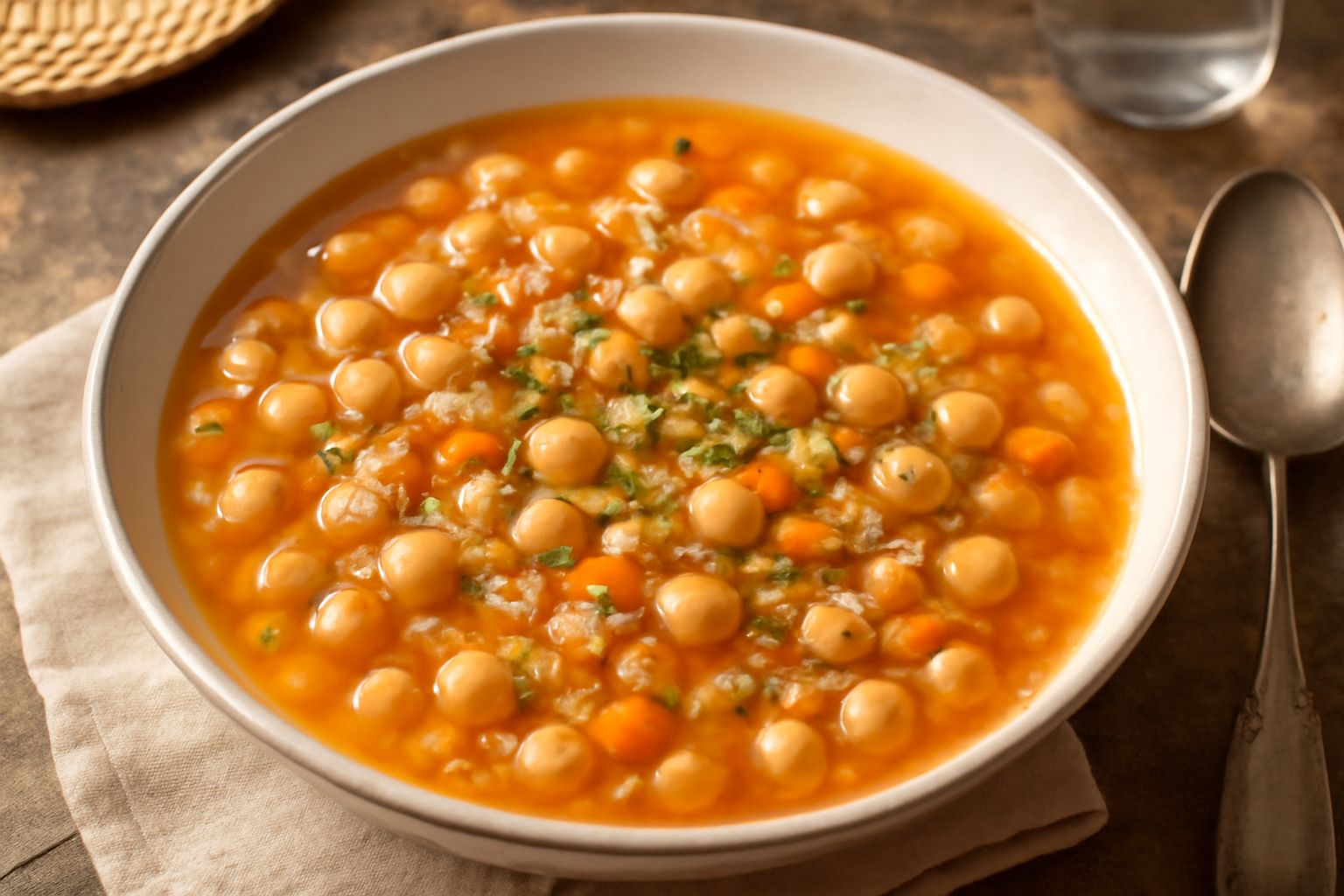 Zuppa di farro e ceci in una ciotola di ceramica bianca, con chicchi di farro visibili, ceci interi, dado di carota e sedano, olio d'oliva in superficie, decorata con prezzemolo fresco tritato, su una