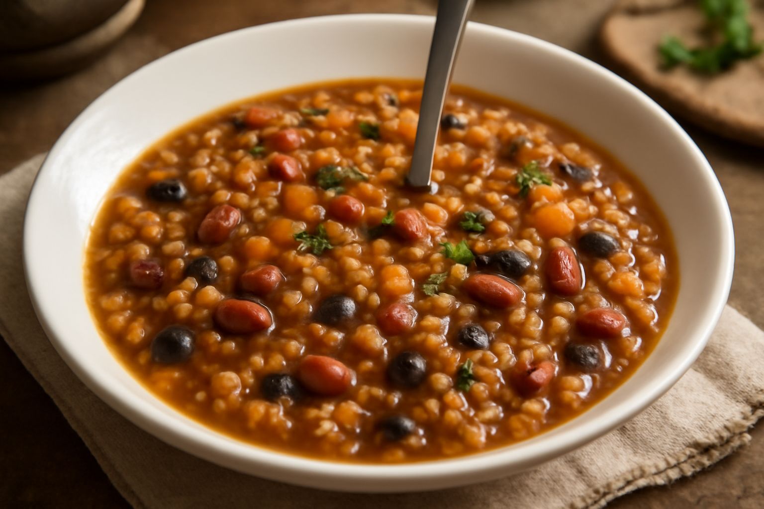 Zuppa di farro e fagioli in una ciotola bianca profonda, con chicchi di farro visibili, fagioli rossi e scuri, brodo trasparente di colore ambrato, foglia di prezzemolo verde sulla superficie, cucchia