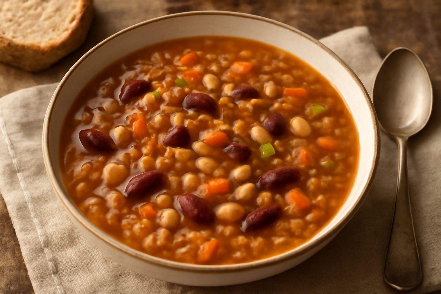 Zuppa di farro e legumi in una ciotola di ceramica bianca, con chicchi di farro visibili, fagioli rossi e bianchi, sedano e carota tagliati, brodo trasparente dorato, guarnizione di prezzemolo fresco 