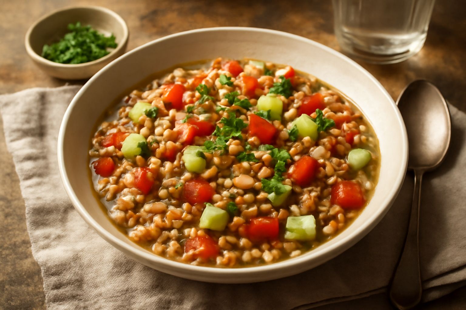 Ciotola di ceramica bianca con zuppa di farro fredda, farro visibile in superficie, pomodori rossi, cetrioli verdi e rucola fresca, su tavolo di legno chiaro con bicchiere di acqua.