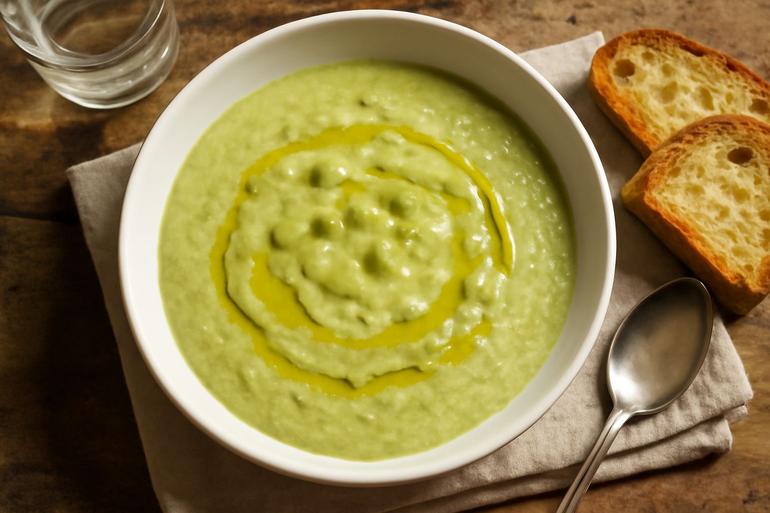 Zuppa di fave cremosa di colore verde pallido in ciotola bianca, decorata con filo d'olio verde oliva, pepe nero e qualche chicco di fava intera in superficie, fondo di ceramica neutra