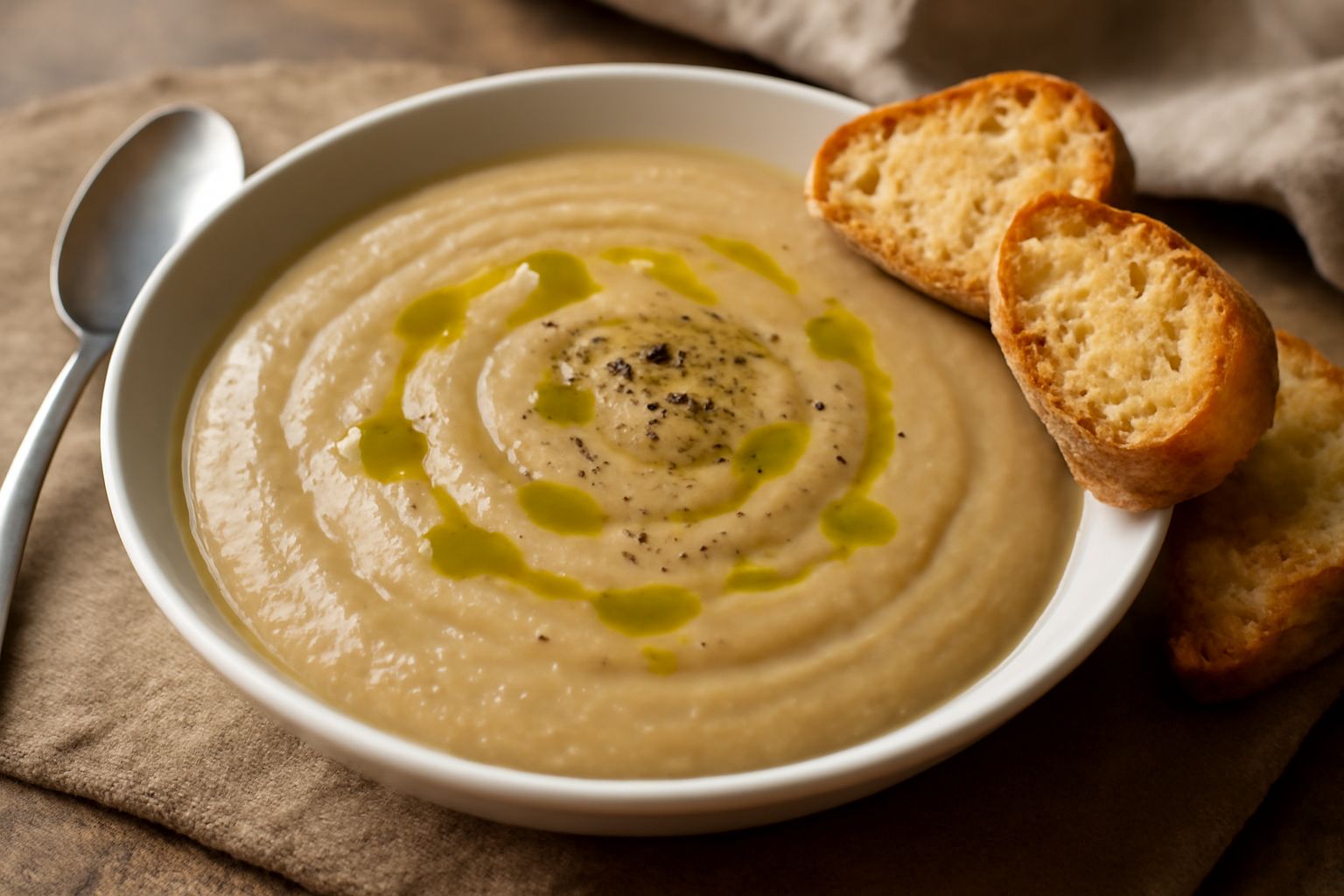 Zuppa di fave secche in ciotola di ceramica bianca, cremosa e densa, con colore grigio-beige uniforme, gocce di olio extravergine in superficie, fette di pane tostato accanto