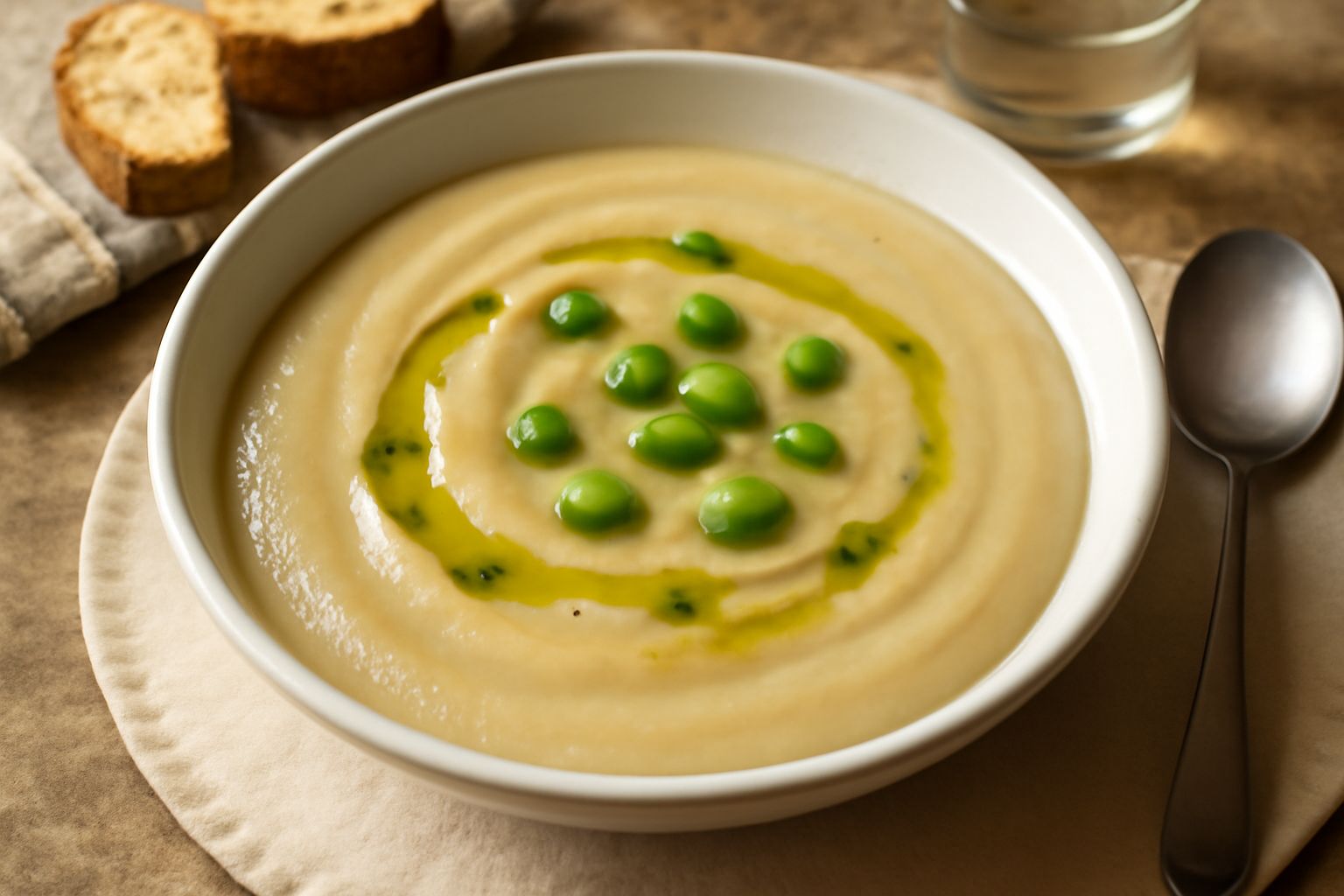 Zuppa di favette color avorio cremosa in ciotola di ceramica bianca, con un filo di olio verde e qualche favetta intera visibile, contorno di pane tostato su tavolo di legno