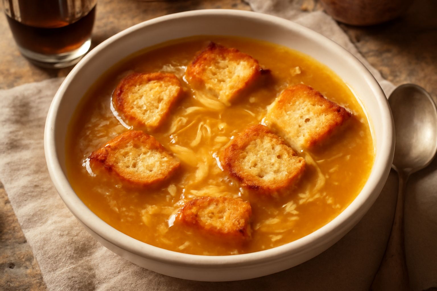 Zuppa di formaggio fuso in ciotola bianca, con pane tostato galleggiante e formaggio filante visibile in superficie, vapore caldo, contorno di ciotola con cucchiaio in legno