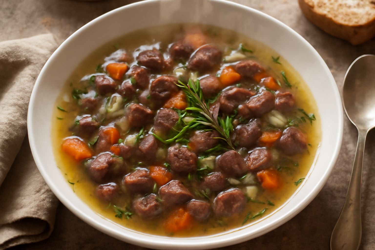 Zuppa di frattaglie in piatto fondo bianco crema, con pezzi di fegato e reni rossi scuri immersi in brodo trasparente color oro, verdure morbide, sedano e carota visibili, pane tostato ai lati, cucchi