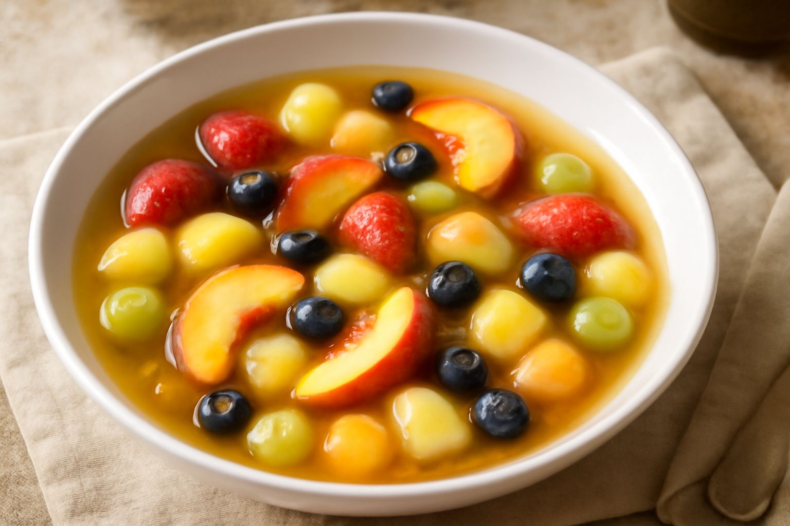 Zuppa di frutta in una ciotola bianca con fragole rosse, pesche gialle, mirtilli blu, uva verde, menta fresca e un liquido trasparente lievemente dorato, servita con cucchiaio