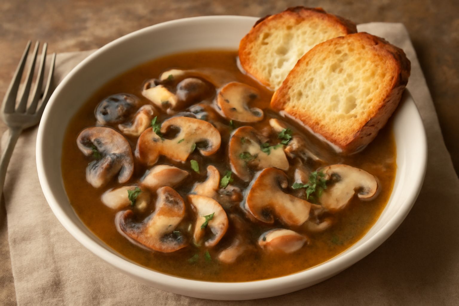 Ciotola bianca di zuppa di funghi con pezzi di funghi visibili in brodo chiaro, fette di pane tostato sul bordo, prezzemolo fresco verde e cucchiaio di legno, su tavolo rustico grigio