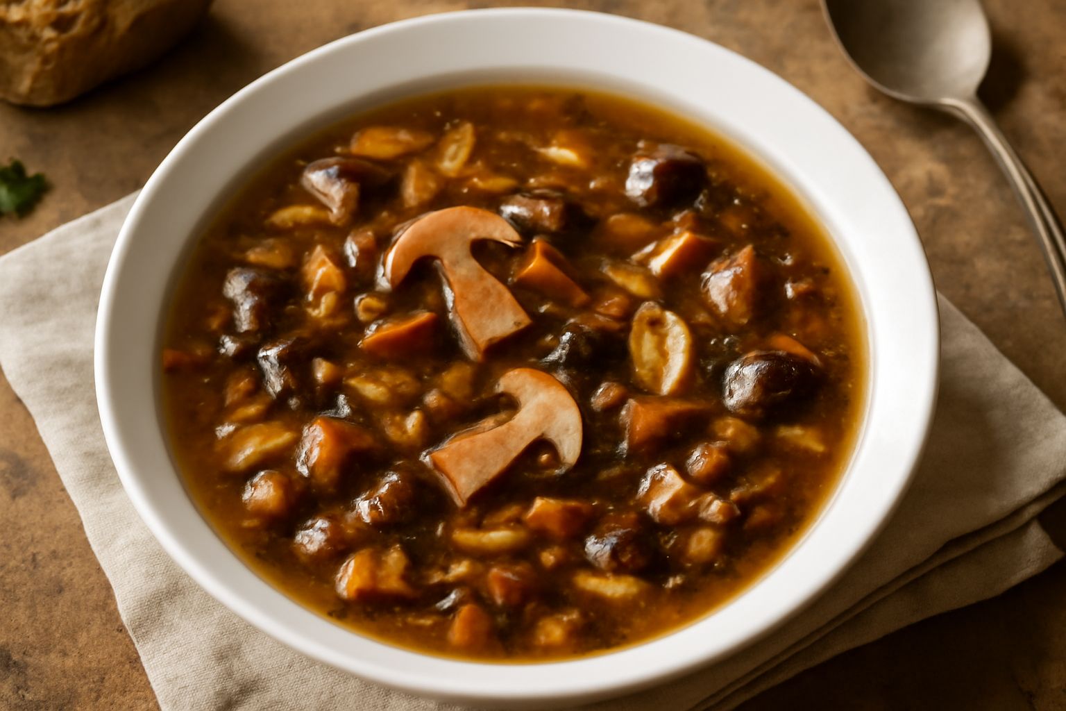 Zuppa di funghi di bosco in ciotola bianca, brodo brunastro trasparente con pezzi di funghi porcini e misti, due fette di pane tostato appoggiate sul bordo, tavolo di legno scuro