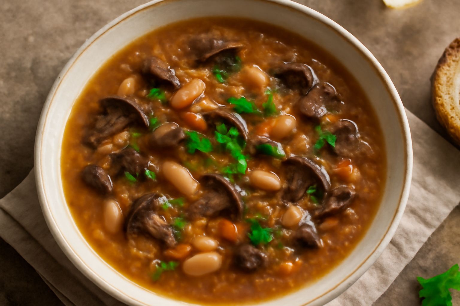 Zuppa di funghi e legumi in ciotola di ceramica bianca, con funghi pezzati color marrone e oro, fagioli e lenticchie visibili nel brodo trasparente, gambo di prezzemolo fresco come guarnizione, tavolo