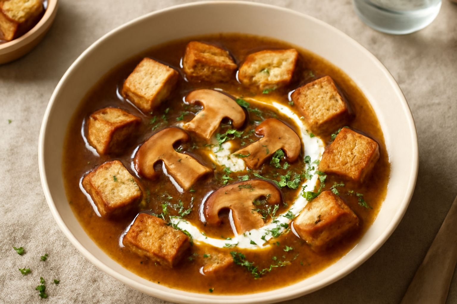 Zuppa di funghi porcini in ciotola bianca, con funghi visibili in brodo ambrato, panna in vortice al centro, crostini di pane tostato ai bordi, prezzemolo fresco tritato, tavolo in legno sfocato sullo
