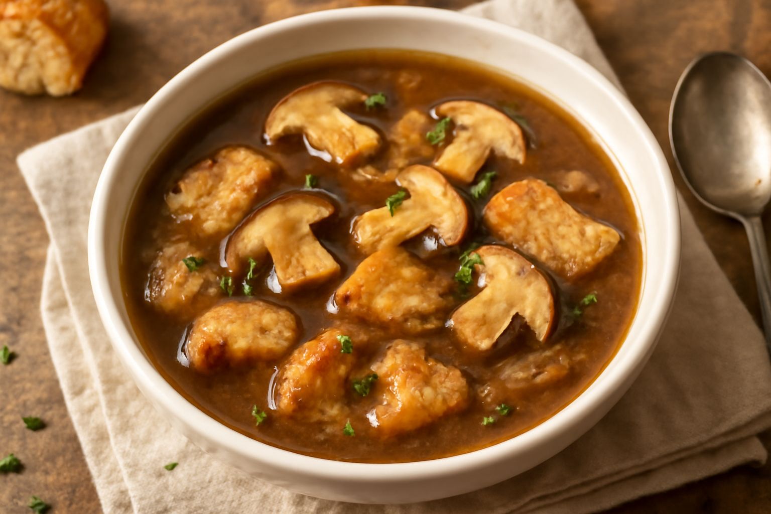 Zuppa di funghi porcini e pane servita in un piatto fondo bianco, con fette di pane raffermo galleggianti in brodo marrone scuro, funghi interi e pezzetti visibili, guarnita con prezzemolo fresco verd
