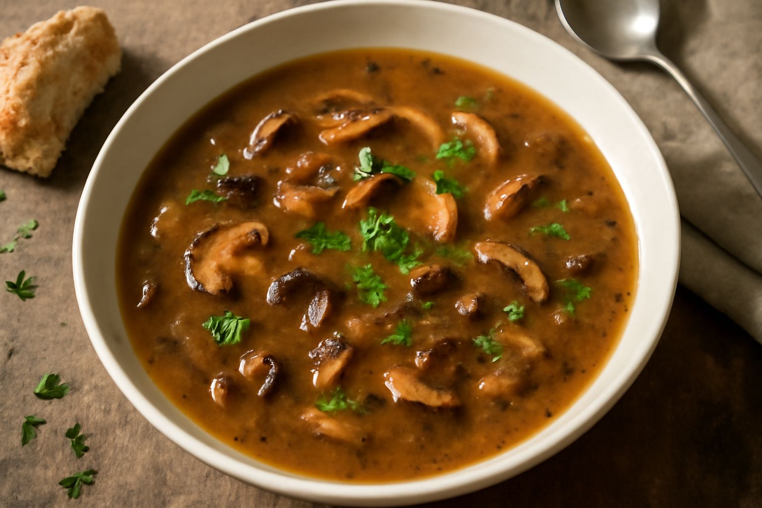 Zuppa di funghi secchi in ciotola bianca, con funghi porcini scuri e brunastri visibili nel brodo trasparente dorato, guarnita con prezzemolo fresco verde e fette di pane tostato ai bordi del piatto