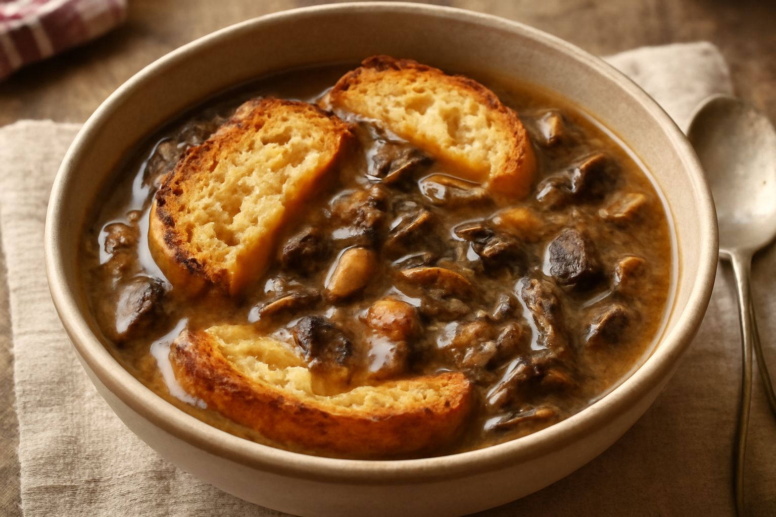 Zuppa di funghi secchi in ciotola bianca, con fette di pane tostato, funghi visibili nel brodo ambrato, vapore che sale dal piatto, guarnizione di prezzemolo fresco