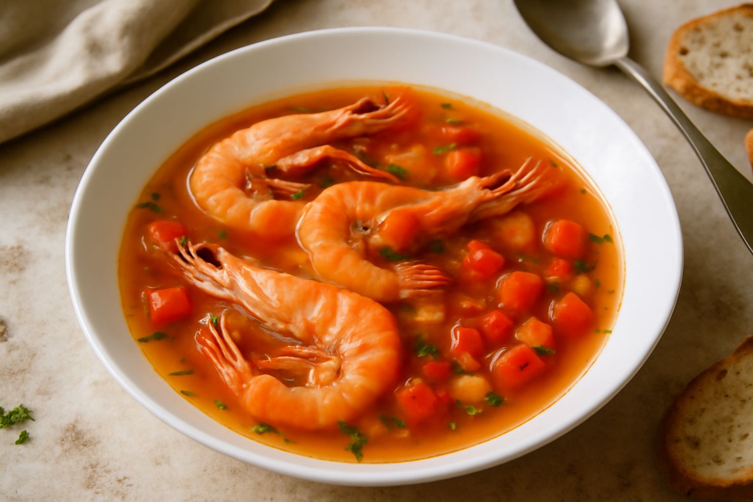 Zuppa di gamberi in una ciotola bianca, con gamberi interi rossi e bianchi, pomodori rossi in brodo chiaro, fette di pane tostato ai bordi, prezzemolo verde fresco sparso in superficie
