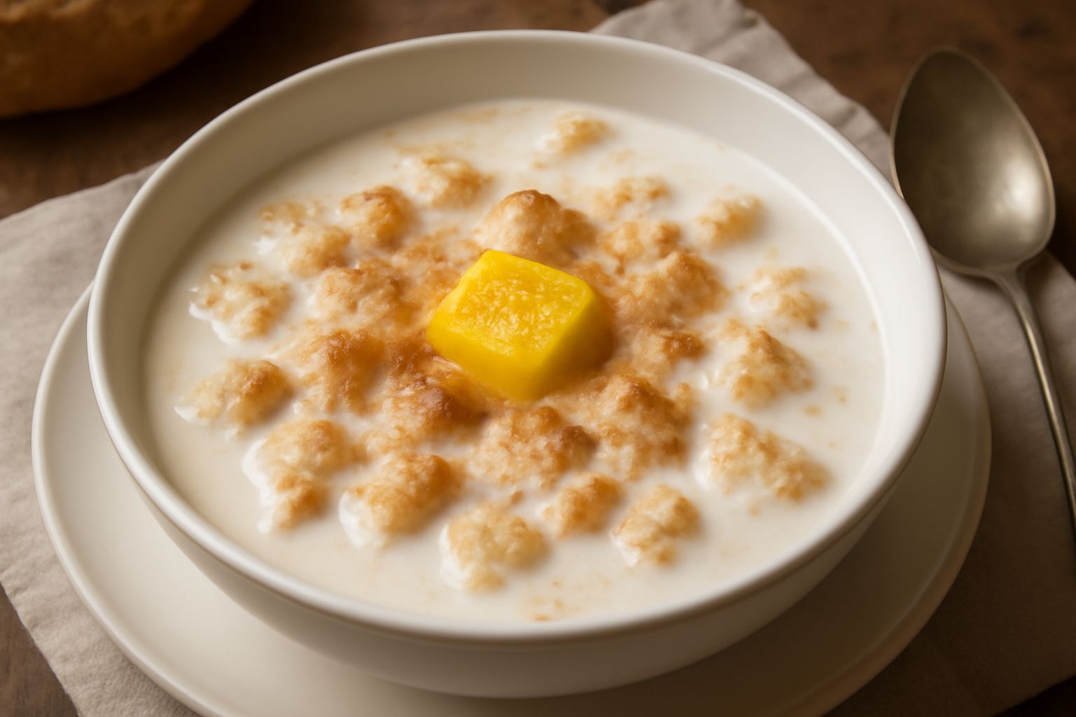Zuppa di latte e pane bianca cremosa in ciotola di ceramica bianca, pezzetti di pane dorato semi-disciolti visibili in superficie, burro fuso che galleggia, cosparsa di cannella color marrone chiaro, 