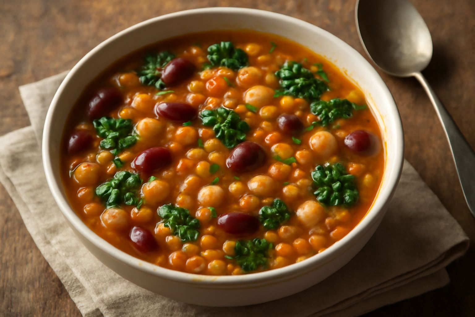 Zuppa di legumi misti in ciotola bianca, con fagioli rossi, lenticchie gialle, ceci e verdure, brodo trasparente ambrato, decorata con prezzemolo fresco e olio d'oliva in superficie