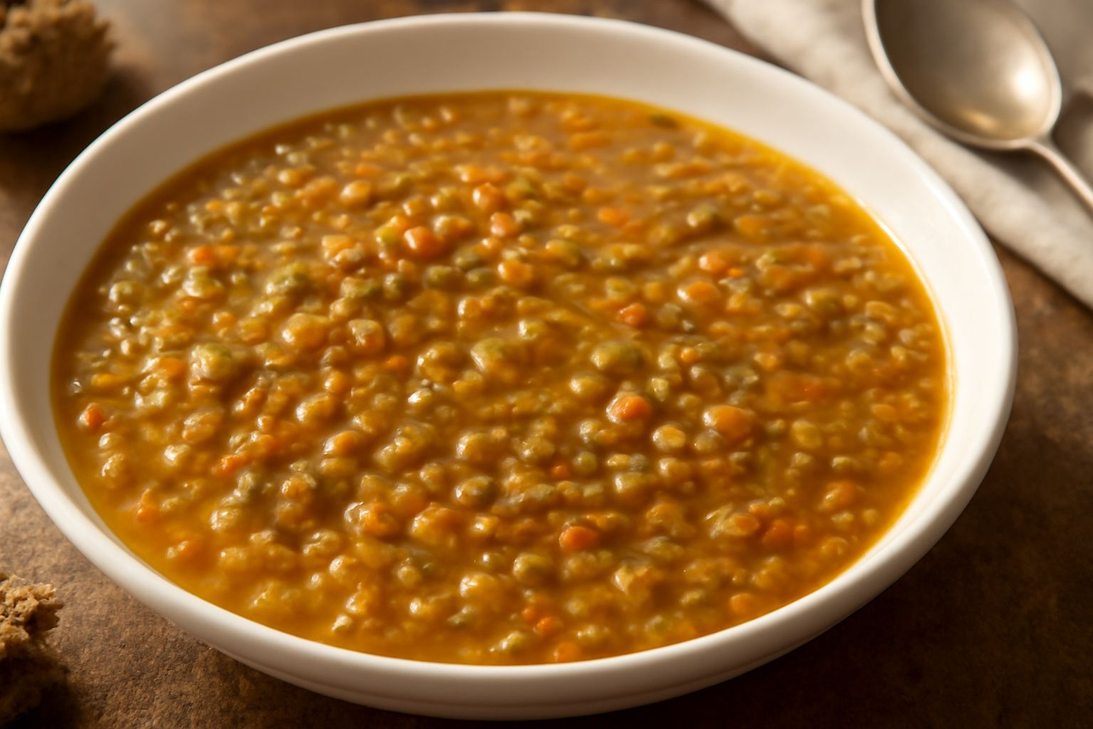 Zuppa di lenticchie in ciotola di ceramica bianca, ricca di lenticchie rosse e verdi, verdure tagliate a dadini, filo di olio d'oliva in superficie, pane tostato appoggiato sul bordo