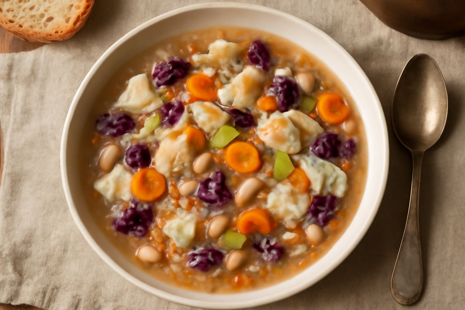 Una ciotola bianca di zuppa di magro con verdure tagliate fini, fagioli bianchi e pezzi di baccalà secco ben visibili in un brodo trasparente, servita con fetta di pane tostato accanto