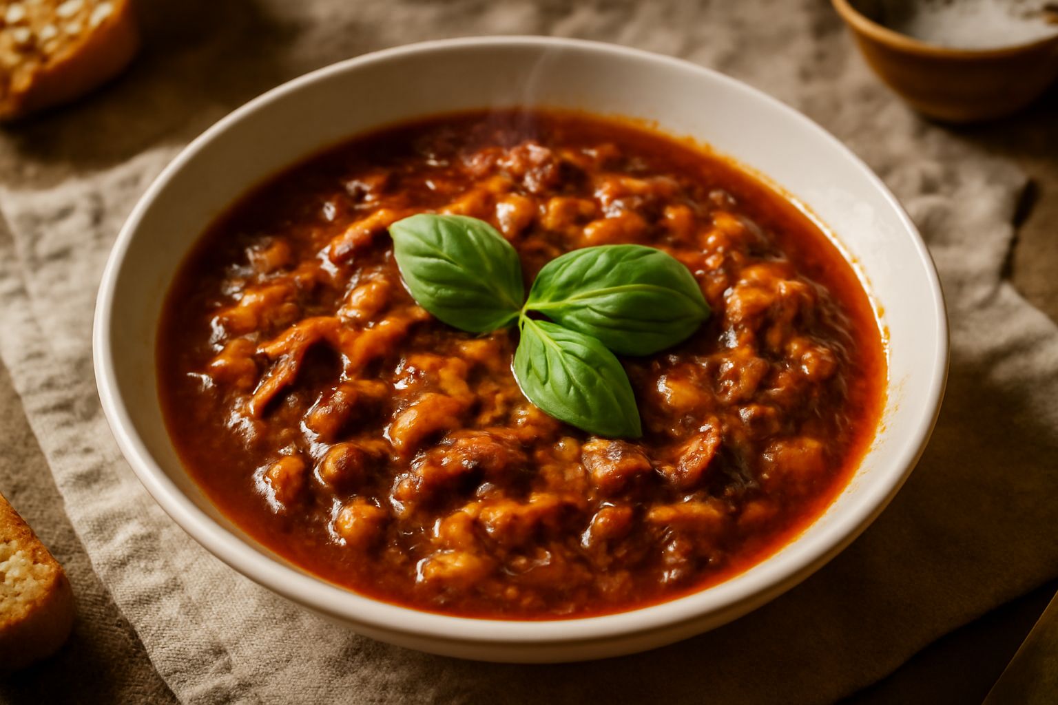 Zuppa di melanzane in ciotola bianca. Melanzane morbide e filanti sospese in brodo rosso scuro, con macchie di olio d'oliva in superficie, due foglie di basilico fresco al centro, pane tostato accanto