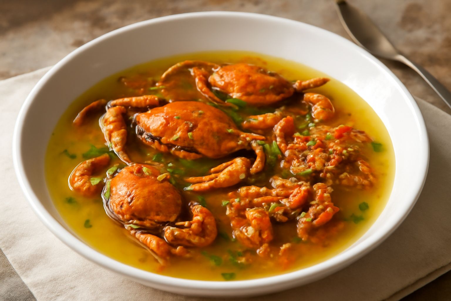 Zuppa di molecche in ciotola bianca, brodo chiaro con granchi interi rosso arancio, pomodoro visibile, prezzemolo verde fresco, pane tostato nel piatto