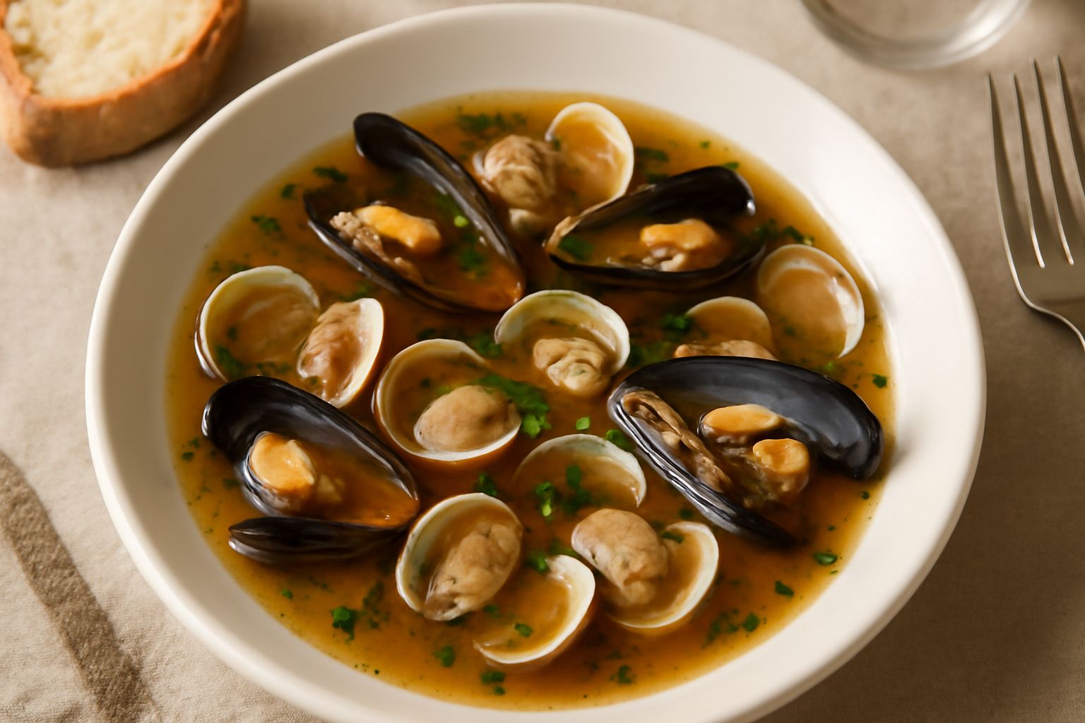 Zuppa di molluschi in ciotola bianca fonda, brodo trasparente color ambra, vongole e cozze aperte sparse nella superficie, prezzemolo verde fresco tritato, pane tostato ai bordi della ciotola, tavolo 