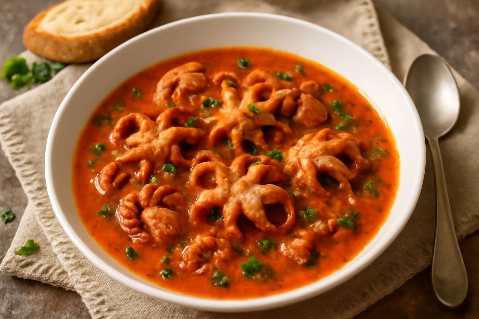 Zuppa di moscardini in ciotola bianca: moscardini rosati e teneri in brodo rosso con pomodoro, prezzemolo verde fresco, una fetta di pane tostato al bordo
