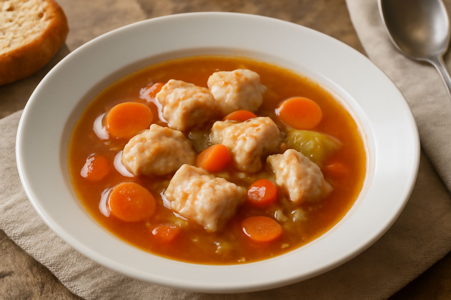 Zuppa di murena servita in ciotola bianca profonda, brodo ambrato con pezzi di pesce bianco, sedano, carota e pomodoro, pane tostato a lato, vapore caldo visibile