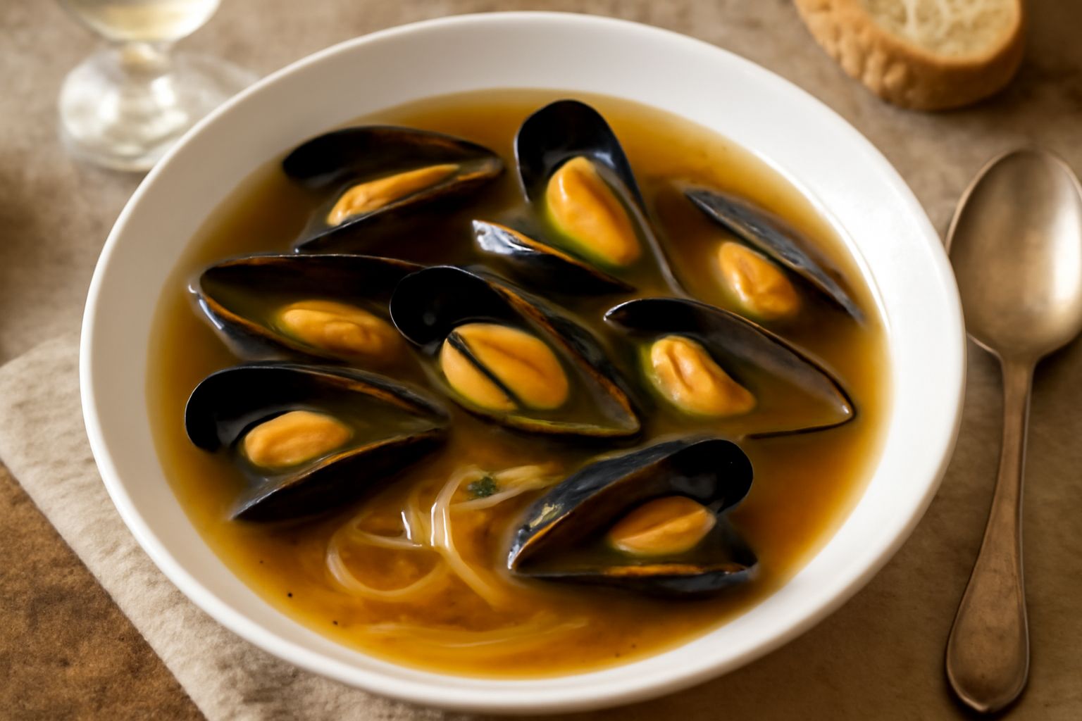 Zuppa di muscoli in una ciotola bianca, muscoli scuri aperti al vapore immersi in brodo trasparente ambrato, cipolla e aglio visibili, prezzemolo fresco verde sulla superficie, fette di pane tostato a