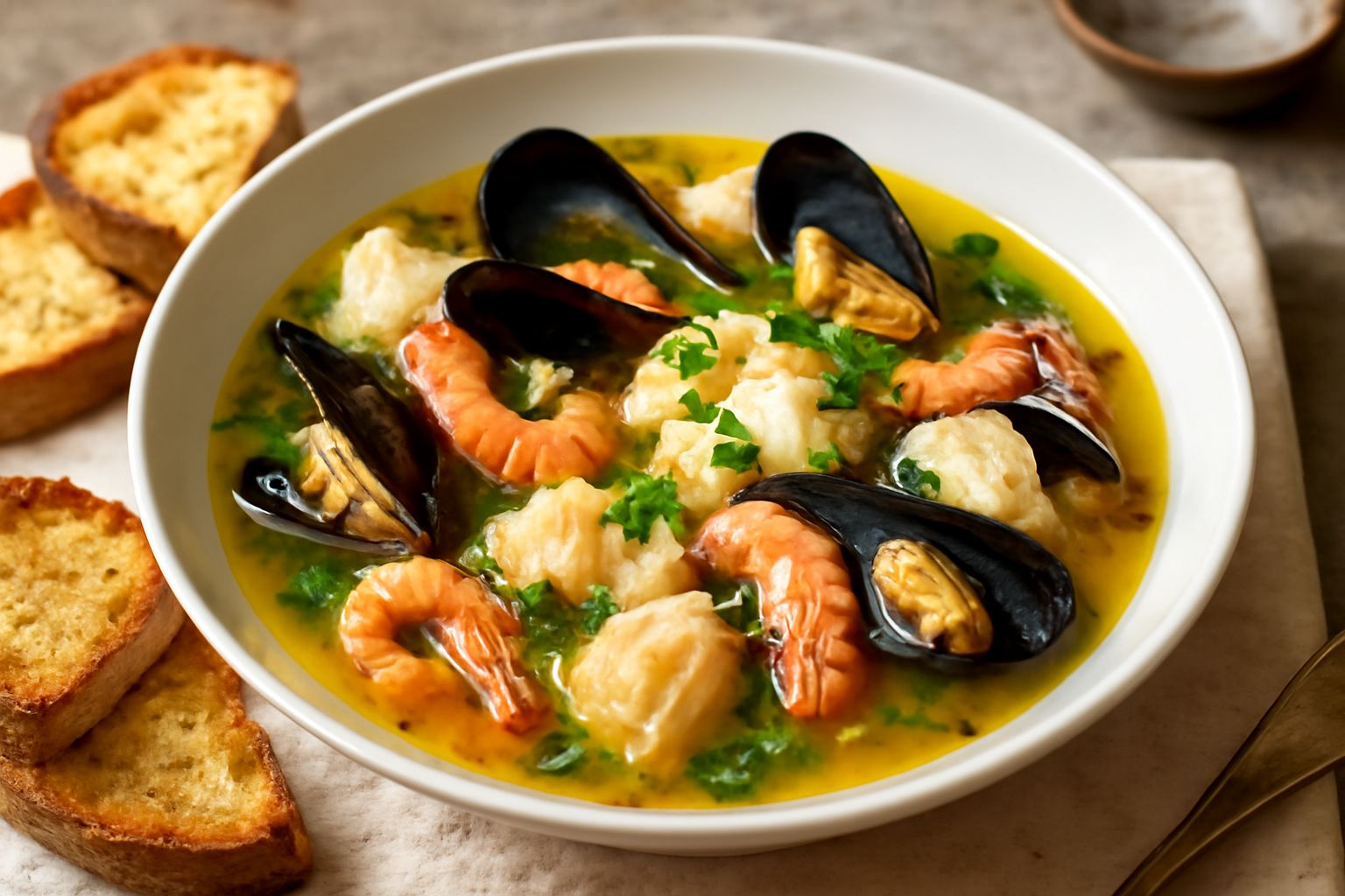 Una zuppiera con zuppa di muscoli e pesce: brodo trasparente color oro, muscoli neri aperti, pezzi bianchi di pesce merluzzo, gamberetti rosa, prezzemolo verde fresco, crostini tostati sul bordo, serv