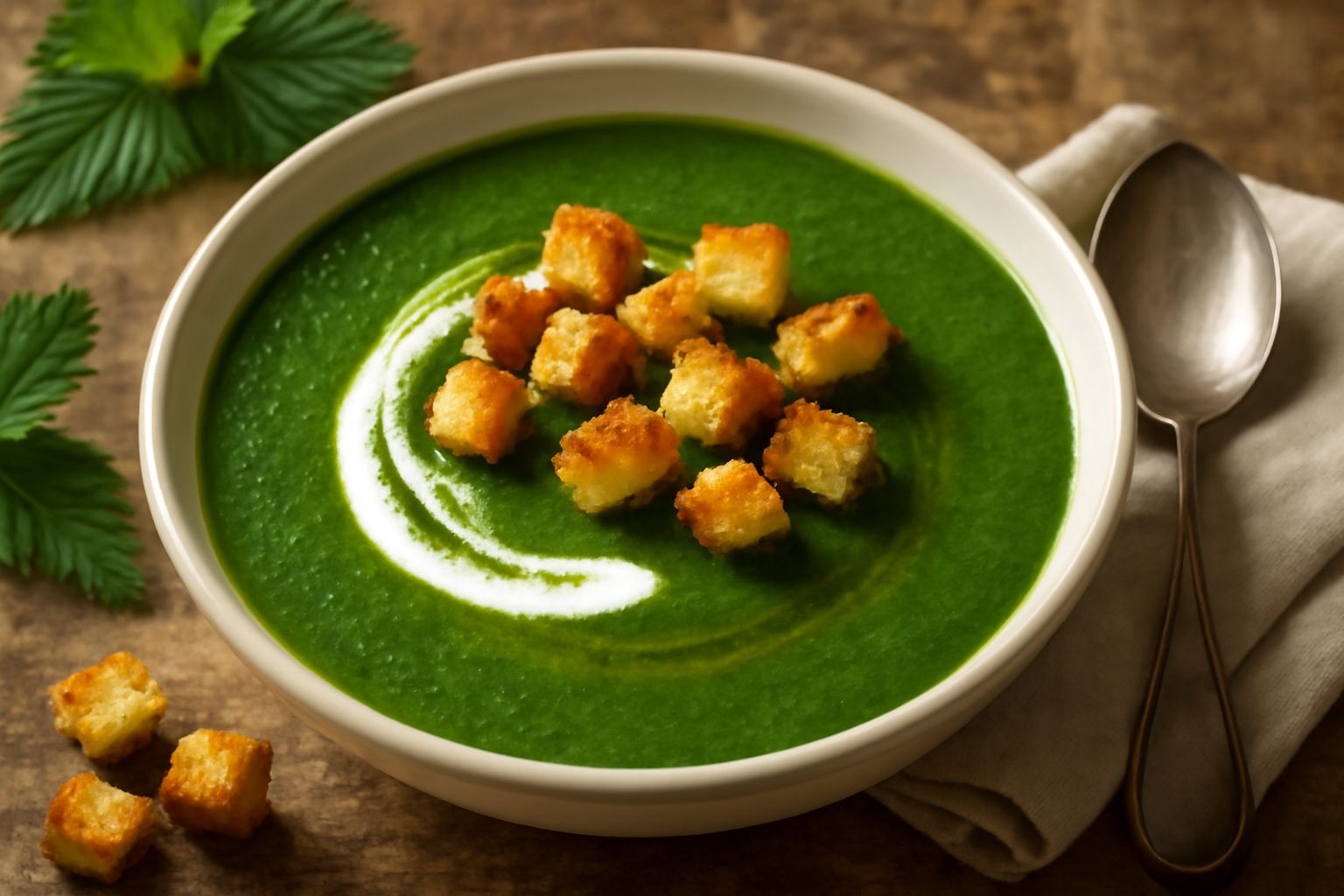 Una ciotola di ceramica bianca con zuppa di ortica cremosa di colore verde intenso, decorata con un filo di panna acida bianca al centro e crostini di pane tostato disposti al bordo, su tavolo di legn