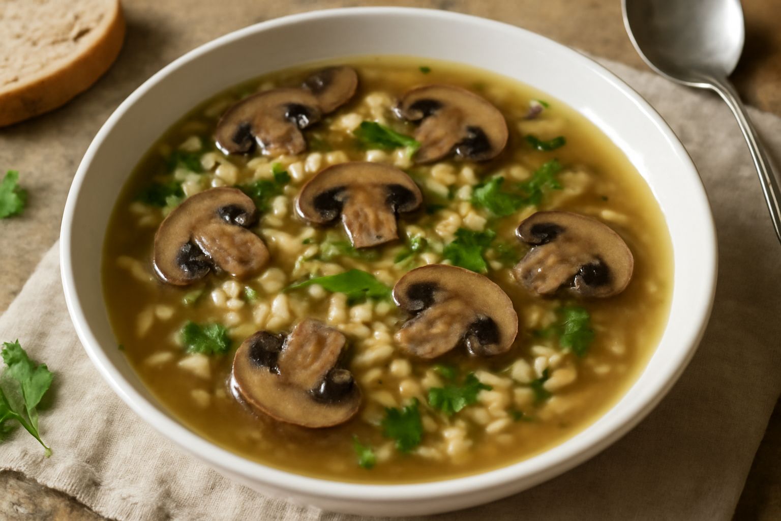 Zuppa di orzo e funghi in ciotola bianca: orzo perlato translucido, funghi scuri affettati, brodo trasparente, gambi di prezzemolo verde, cucchiaio di legno immerso nel piatto, sfondo grigio neutro