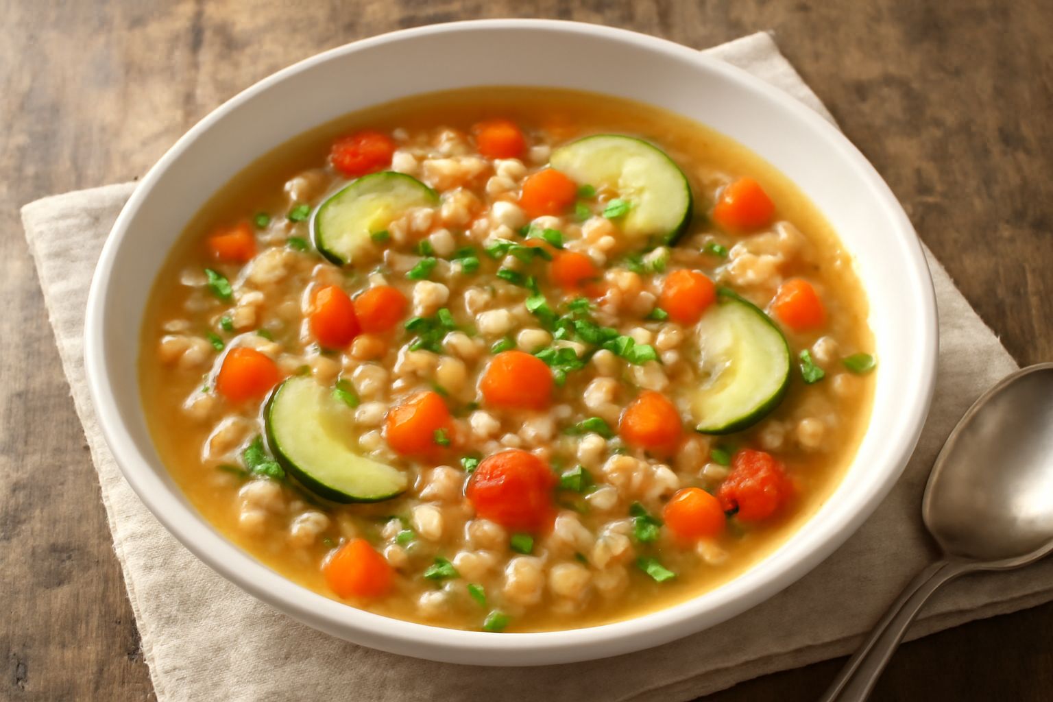Zuppa di orzo e verdure in una ciotola bianca, con visibili chicchi di orzo perlato, cubetti di carota arancione, zucchina verde, pezzetti di pomodoro, prezzemolo fresco verde in superficie e brodo tr