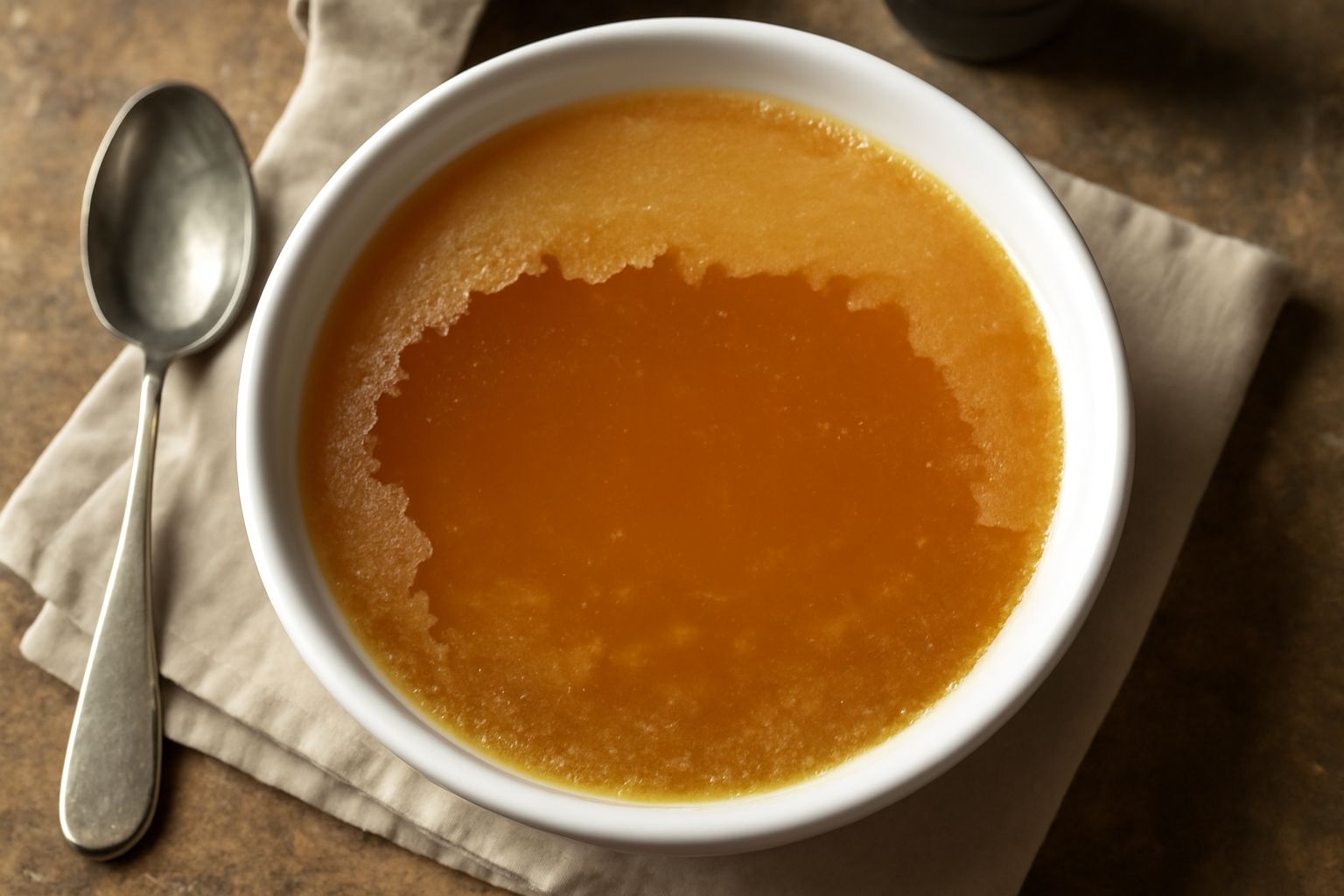 Zuppa di osso in ciotola di ceramica bianca, brodo dorato e traslucido con piccoli frammenti di verdure, guarnita con prezzemolo fresco su tavolo di legno