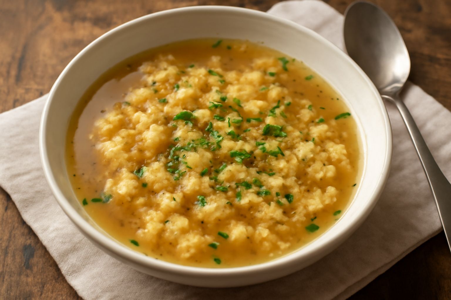 Zuppa di pan grattato servita in una ciotola bianca, con il pane grattato di colore dorato che emerge dal brodo trasparente, guarnita con prezzemolo fresco tritato e una macinata di pepe nero