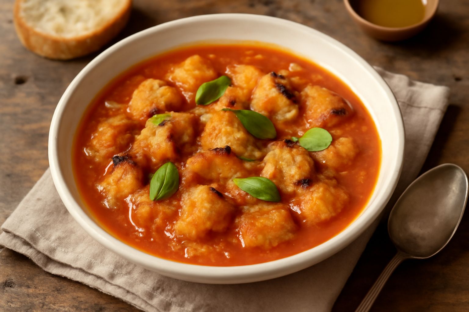 Zuppa di pan raffermo in ciotola di ceramica bianca: brodo rosso-arancio con pezzi di pane tostato dorato, basilico fresco verde e filo di olio verde scuro in superficie, servita con cucchiaio di legn