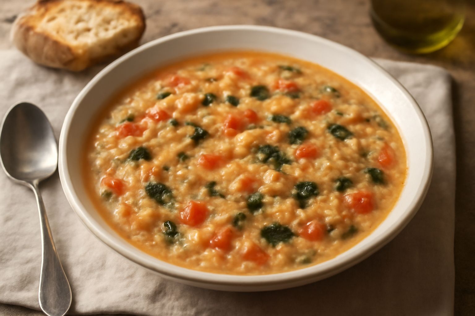 Ciotola di ceramica bianca con zuppa di pancotto: pezzi di pane dorato ammorbidito nel brodo, pomodori rossi, verdure verdi miste, cipolla trasparente. Cucchiaio di legno appoggiato al bordo. Fondo di