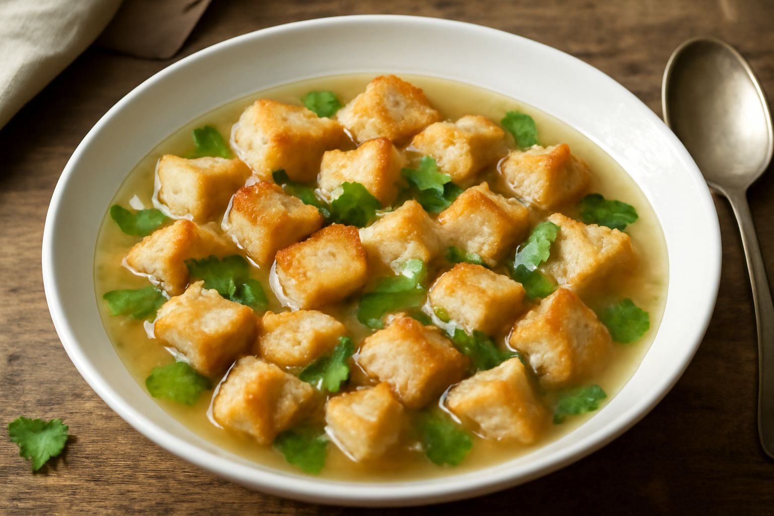 Zuppa di pane e brodo servita in ciotola bianca, con fette di pane tostato parzialmente immerse in brodo trasparente color oro, foglie di prezzemolo fresco verde, gocce di olio d'oliva in superficie, 