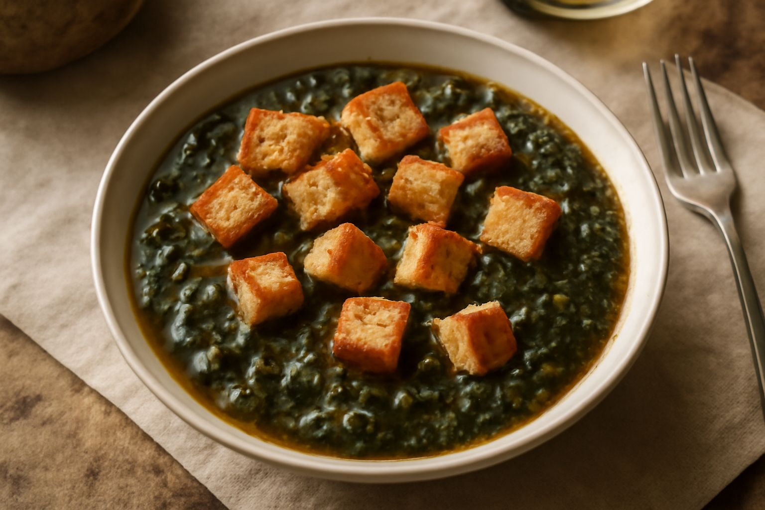 Zuppa di pane e cavolo in una ciotola di ceramica bianca, con pezzi di cavolo verde scuro, cubetti di pane tostato dorato, filo d'olio verde oliva in superficie, cucchiaio di legno, fondo di tavolo ru