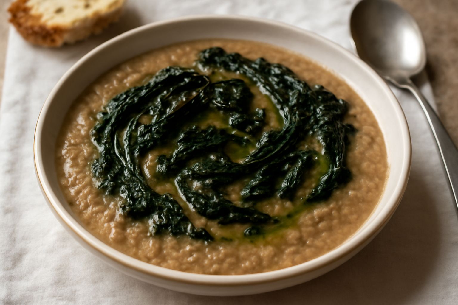 Zuppa di pane e cavolo nero in ciotola bianca con cavolo nero visibile, pan di semola affondato in brodo di colore nocciola, filo d'olio verde in superficie, servita con cucchiaio di legno