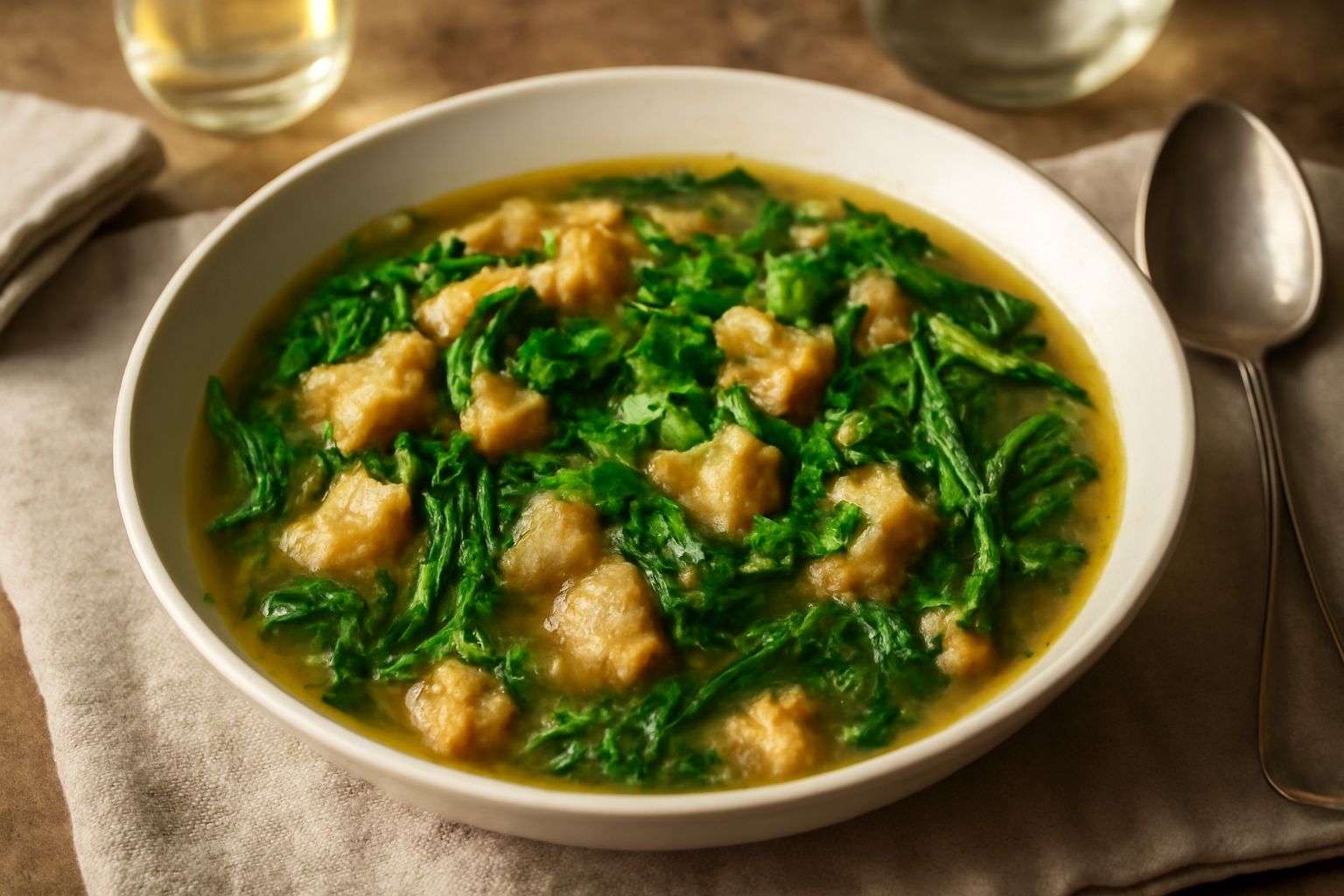 Zuppa di pane e erbette in ciotola di ceramica bianca, con pezzi di pane dorato, erbette verdi sparse in superficie, brodo trasparente, un filo d'olio d'oliva torbido a vista, niente guarnizioni, tavo