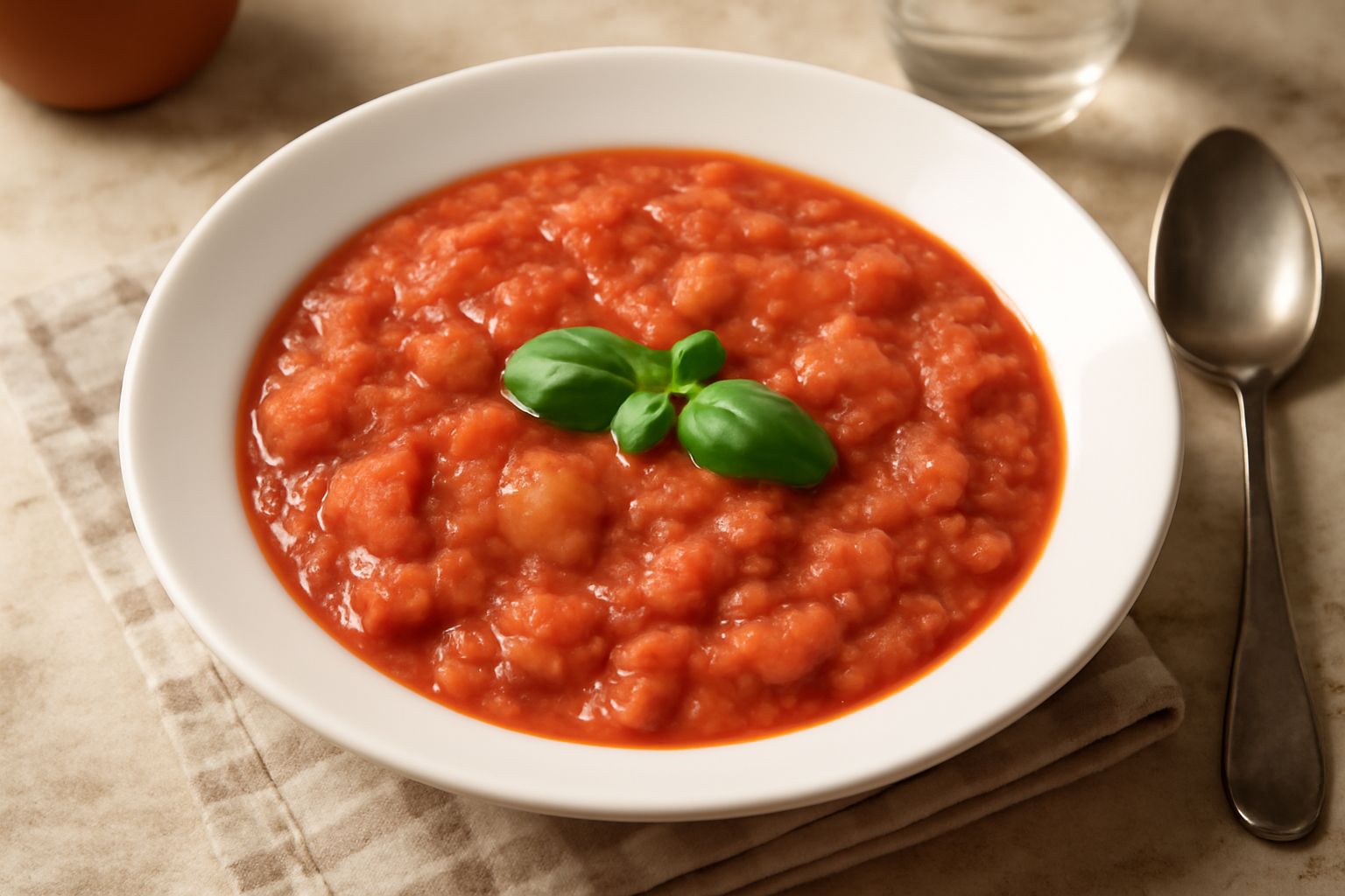 Una ciotola bianca con zuppa rossa densa di pane rotto e pomodori, guarnita con una foglia di basilico verde fresco e filo di olio d'oliva color dorato, servita su tavolo di legno chiaro