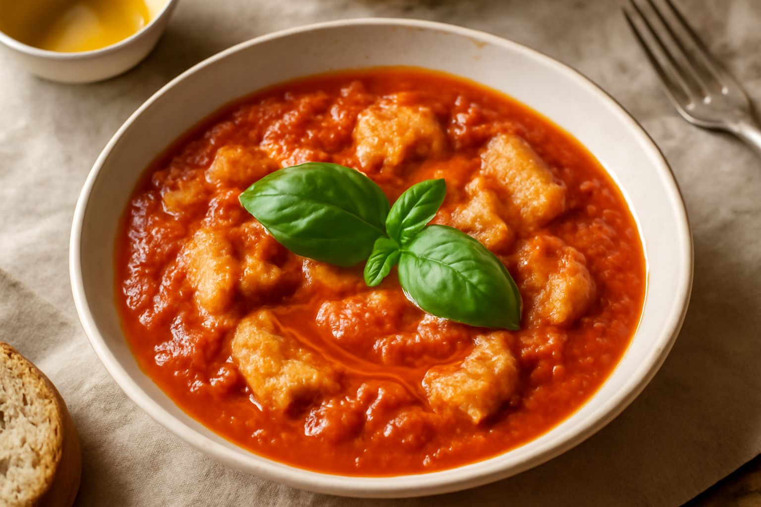 Zuppa di pane e pomodoro in una ciotola bianca, con pezzi di pane tostato ammorbiditi nel brodo rosso di pomodoro, foglia di basilico fresco, filo di olio d'oliva dorato in superficie, servita su tavo