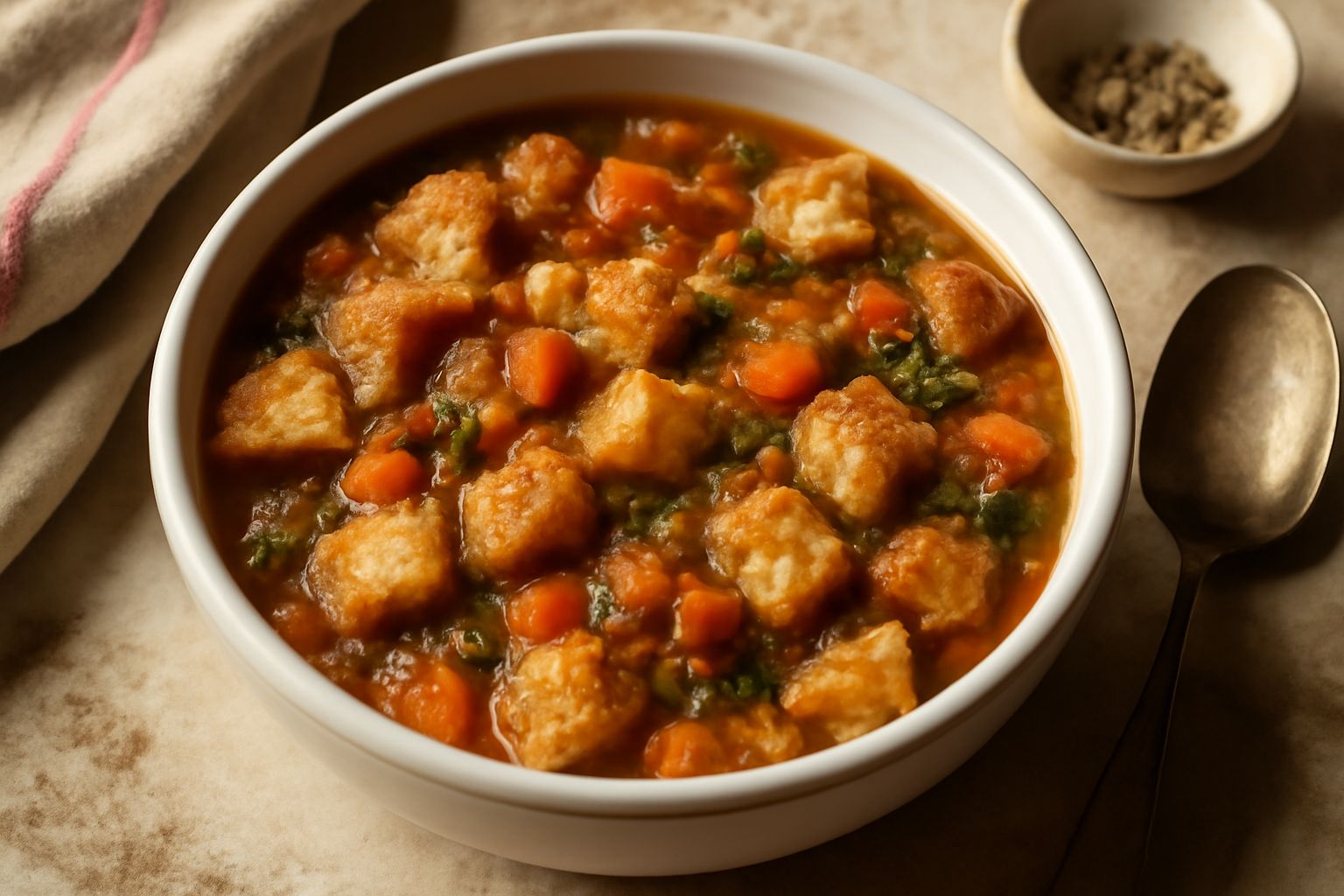 Una ciotola di zuppa di pane raffermo con fette di pane tostato galleggianti in brodo marrone, accompagnate da verdure morbide come carote e sedano, condita con olio verde oliva e prezzemolo fresco